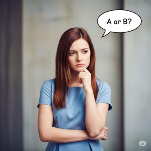 「A or B？」の選択に悩む若い女性：タロット正義が示す公正な判断と決断