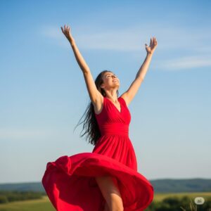 青い海と空の下、両手を広げ喜びを表現する女性：タロット「世界」の到達と充足