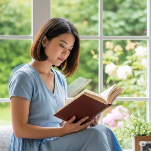 タロットカード女教皇が示す、窓辺で本を読む知的で内省的な若い女性