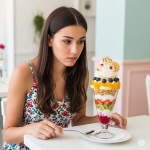 大きなパフェと向き合う女性：タロット「悪魔」が示す誘惑と葛藤
