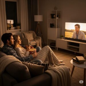 ソファで映画を見るカップル：タロット教皇が示す心の安らぎと信頼関係