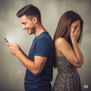 夫がゲームに夢中で、相手にされず悲しんでいる妻。