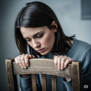 暗く落ち込む女性。