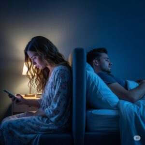 夜中に背を向けて眠るパートナーがいるベットを背に、スマホを見て落ち込んでる女性。